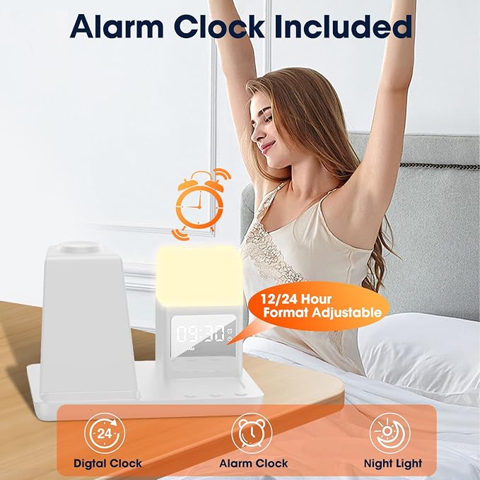 Wireless Charger for Samsung/Android,6 in 1 Alarm Clock Charging Station for Bedrooms with Bedside Clock Night Light for Samsung S25/S24/S23 Ultra/Buds,Watch Charger only for Galaxy Watch 8/7/6-White