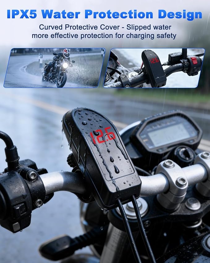 EXTRACTME Motorcycle Phone Charger, 36W Dual USB Type C PD 3.0 & QC 3.0 Motorcycle USB Charger with Voltmeter & ON/Off Switch, Waterproof Fast Charging SAE to USB Adapter for Phone, Tablet, GPS, etc