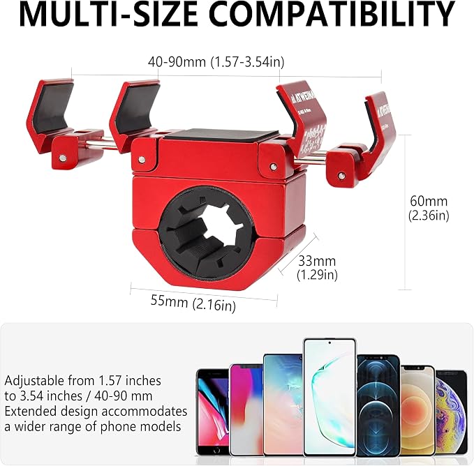 Bike Phone Holder, Motorcycle Phone Mount, Aluminum Alloy Bicycle Handlebar Cell Phone Stand, 360°Rotate Ebike Scooter Phone Clamp Clip, Suitable for 4.5-7.0" Smartphones (Red)