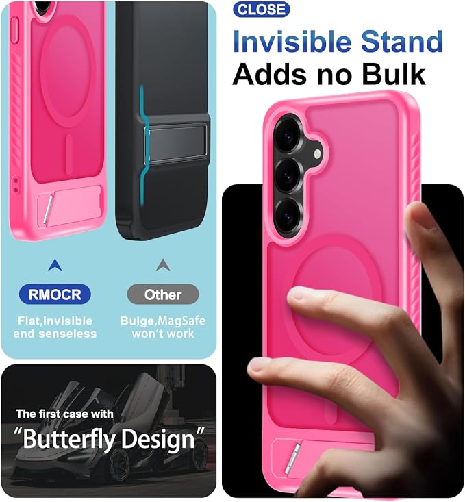 for Samsung Galaxy S25 FE Case with Screen Protector+Lanyard Wrist Strap,Magnetic Translucent Matte Rugged Slim Phone Cover Built in Invisible Kickstand [Fit for MagSafe],2025 Hot Pink