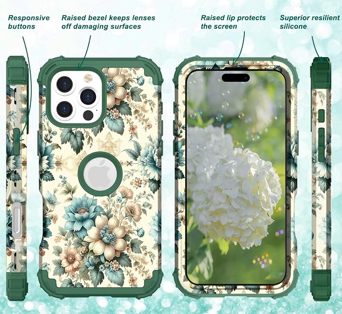 Hocase for iPhone 16 Pro Max Case, Heavy Duty Shockproof Protection Soft Silicone Rubber+Hard Plastic Bumpers Hybrid Protective Case for iPhone 16 Pro Max 2024 - Teal Blue Flowers