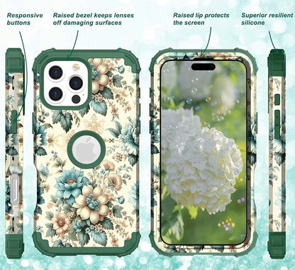 Hocase for iPhone 16 Pro Max Case, Heavy Duty Shockproof Protection Soft Silicone Rubber+Hard Plastic Bumpers Hybrid Protective Case for iPhone 16 Pro Max 2024 - Teal Blue Flowers