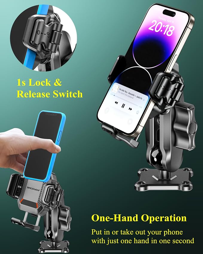 BRCOVAN Anti-Theft Phone Mount Holder with Vibration Dampener [1s Lock & Release] [Camera Friendly] with Aluminum Medium Arm & Square Base, for Car Boat Truck Motorcycle ATV UTV, Fit 5.4-7.2'' Phones