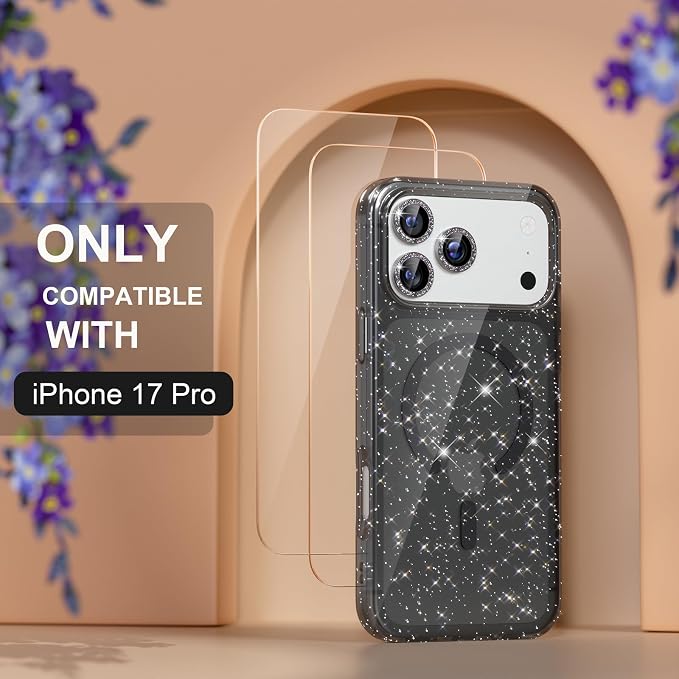 Choiche Magnetic for iPhone 17 Pro Case Compatible with MagSafe, Women Cute Glitter Sparkly Phone Case with Diamond Camera Lens Protectors, Military-Grade Drop Protection 6.3" (Black)