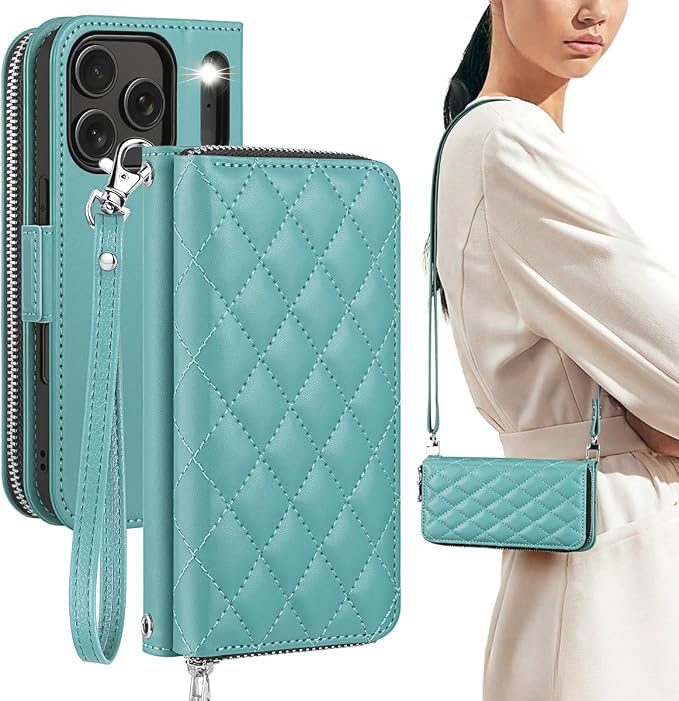 OCASE for iPhone 17 Pro Crossbody Wallet Case - Stylish PU Leather Handbag Phone Purse with Zipper Closure, Card Slots & RFID Blocking - Wrist Strap, Lanyard, Kickstand - Diamond Check Green