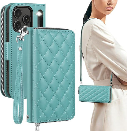 OCASE for iPhone 17 Pro Crossbody Wallet Case - Stylish PU Leather Handbag Phone Purse with Zipper Closure, Card Slots & RFID Blocking - Wrist Strap, Lanyard, Kickstand - Diamond Check Green
