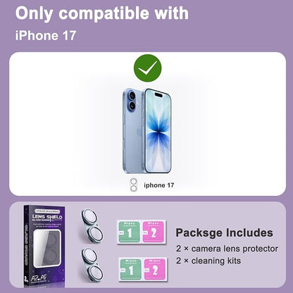 2 Pack Camera Lens Protector for iPhone 17,[Not Easy to Breakn ] AR Tempered Glass Strong Adsorption Metal Camera Cover Screen-Light Blue
