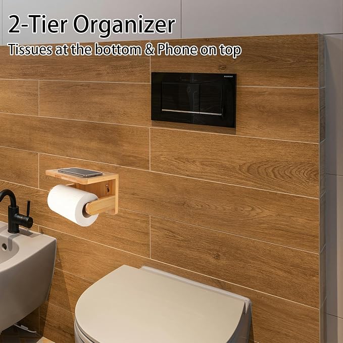 Drill-Free Toilet Paper Holder with Phone Shelf Bamboo Wall-Mounted, No-Drill & Drillable, Bathroom Storage Organizer, Space Saver Tissue Roll Rack for Bathroom, Kitchen, Home Decor (Natural)