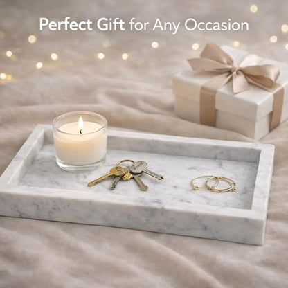 Natural White Marble Tray for Bathroom | Kitchen | Vanity | Desktop, Stone Organizer for Coffee Table, Dresser, Nightstand, Candles, Soap, Towel, Plant, Jewelry (10" x 6"), Rectangular