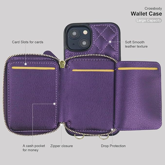 Bocasal Crossbody Wallet Case for iPhone 14, RFID Blocking PU Leather Zipper Handbag Purse Flip Cover, Kickstand Folio Case with Card Slots Holder Wrist Strap Lanyard 5G 6.1 Inch (Dark Purple)