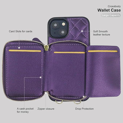 Bocasal Crossbody Wallet Case for iPhone 14, RFID Blocking PU Leather Zipper Handbag Purse Flip Cover, Kickstand Folio Case with Card Slots Holder Wrist Strap Lanyard 5G 6.1 Inch (Dark Purple)
