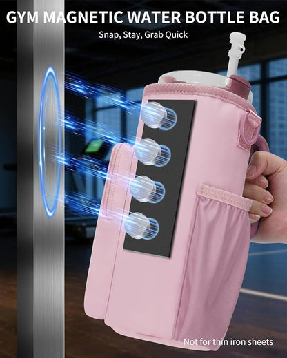 sportsnew Magnetic Gym Bag for Women Men, Water Bottle Carrier Holder with Strap & Phone Pockets for 40oz Tumbler with Handle, 4 Built-in Magnets Small Gym Bag for Sports, Workout, Fitness, Walking
