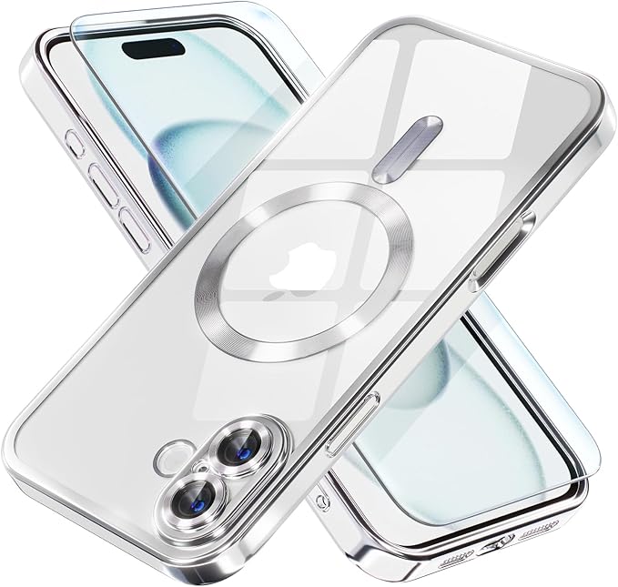 Misea Magnetic for iPhone 16 Plus Case Compatible with MagSafe [Never Yellowing] [Military Grade Drop Protection] Full Camera Lens Protector Plating Soft Clear Phone Case for Women 6.7", Silver