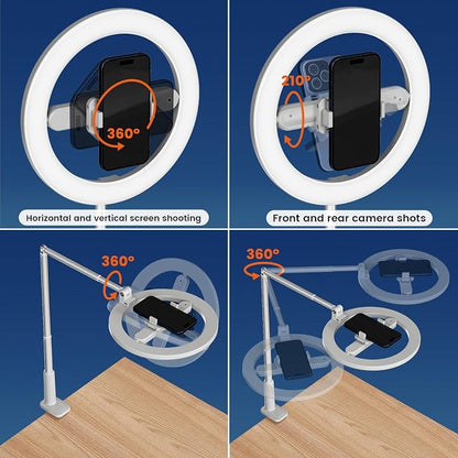 Ring Light with Overhead Phone Mount, 10" Selfie Light with Stand and Phone Holder for Video Recording, Desk Overhead Tripod for Content Creators, TikTok, YouTube, Zoom Meeting, Live Streaming
