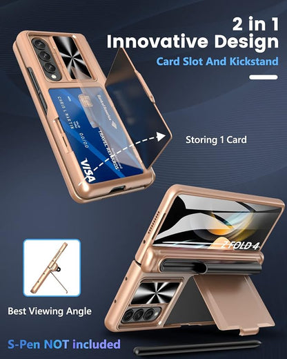 Viaotaily for Galaxy Z Fold 4 Case with Card Holder & S Pen Holder & Hinge Protection, Built-in Screen Protector & Slide Camera Lens Cover, Durable Case for Galaxy Z Fold 4 2022 (Rose Gold)