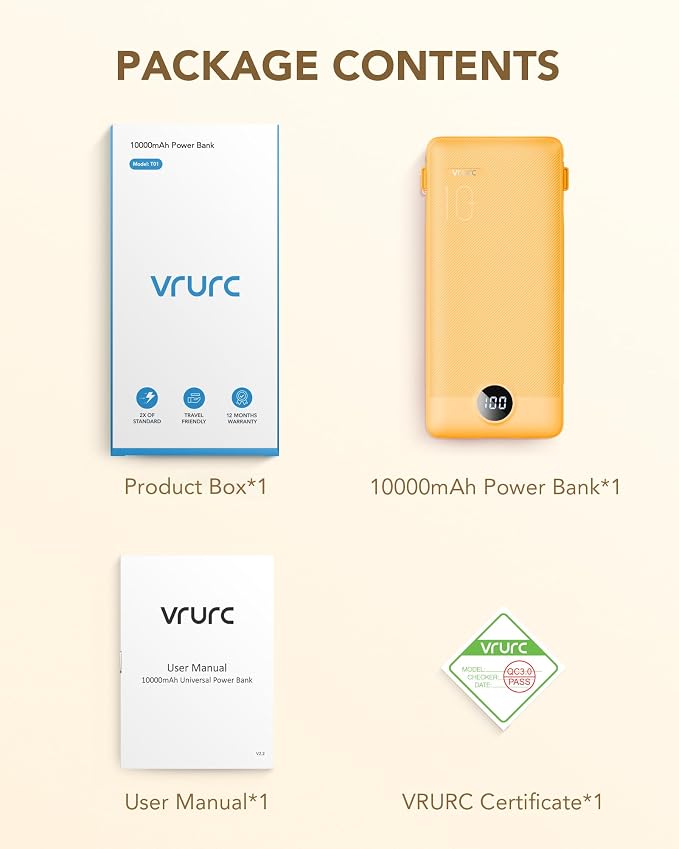 VRURC Portable Charger, Power Bank Built-in Cables and AC Wall Plug | USB C Power Bank 10000mAh Travel Essentials Phone Charger Compact External Battery Pack For Smart Phones, Tablets etc-Orange