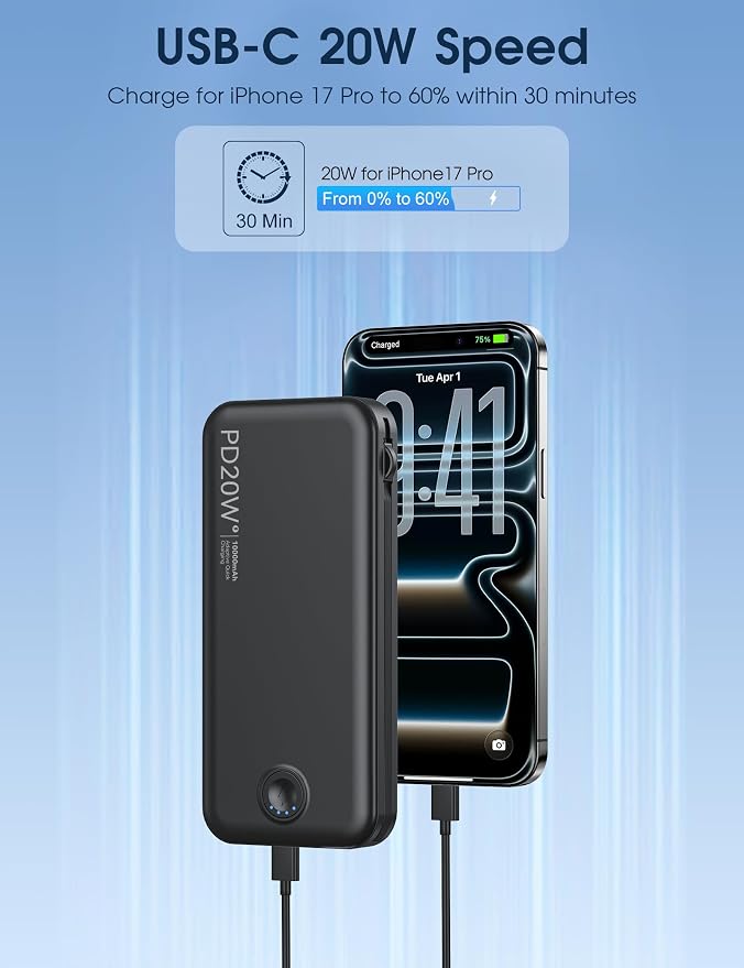 Nusyddy Portable Charger 10000mAh PD20W w/Built-in Cables & Wall Plug Black | PD20W Fast Charging, Battery Indicator, Pass Through Charging, TSA Approved, Compact/Slim, Power Bank for iPhone/iPad/Samsung
