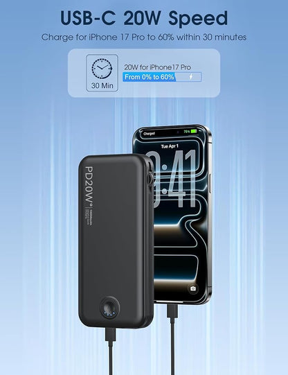 Nusyddy Portable Charger 10000mAh PD20W w/Built-in Cables & Wall Plug Black | PD20W Fast Charging, Battery Indicator, Pass Through Charging, TSA Approved, Compact/Slim, Power Bank for iPhone/iPad/Samsung