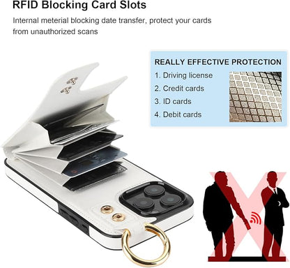 Folosu for iPhone 16 Pro Max Wallet Case with Card Holder, Hand Wrist Strap Loop Holder Kickstand, RFID Blocking Finger Grip Ring PU Leather Double Buttons Shockproof Cover 6.9" White