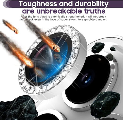 Suoman for iPhone 14 Pro Max / 14 Pro Camera Lens Protector, [Diamonds Bling] 9H Tempered Glass, Full Coverage Metal Protective Cover- Diamond Silver