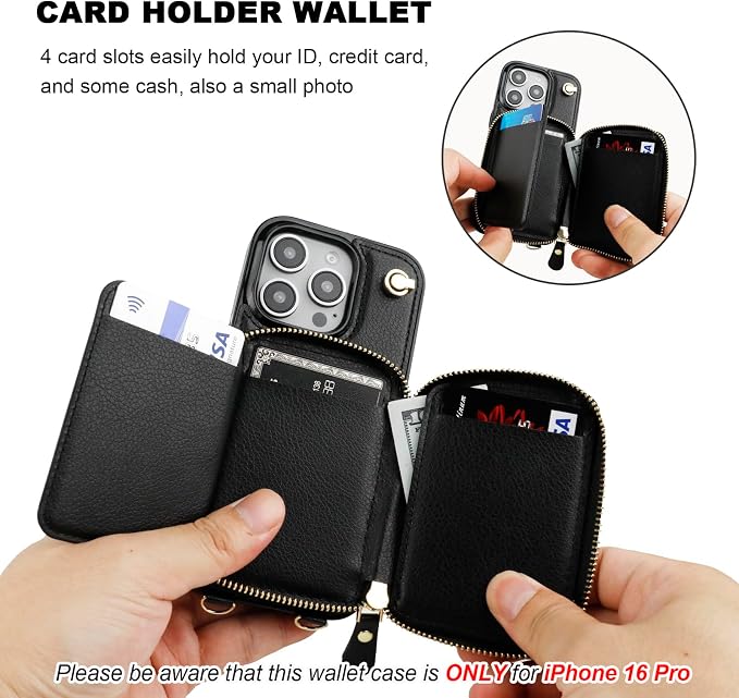 Bocasal for MagSafe Crossbody Wallet Case Compatible with iPhone 16 Pro, RFID Blocking Protective Purse Case with Card Slots Holder Kickstand Wrist Strap Lanyard Zipper 6.3 Inch 5G (Black)