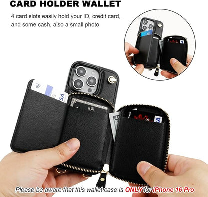 Bocasal for MagSafe Crossbody Wallet Case Compatible with iPhone 16 Pro, RFID Blocking Protective Purse Case with Card Slots Holder Kickstand Wrist Strap Lanyard Zipper 6.3 Inch 5G (Black)