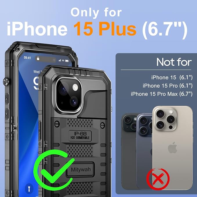 Mitywah Waterproof Case for iPhone 15 Plus, Heavy Duty Shockproof Case with Built-in Screen Protector, Full Body Underwater Protective Metal Case 6.7 inch, Black