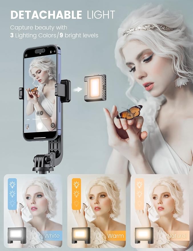 Selfie Stick Tripod with Fill Light and Stable Base, Extendable Phone Tripod with Detachable Wireless Remote, 50" Travel Stand for Cell Phone Film & Vlog Compatible with iPhone Android Gopro