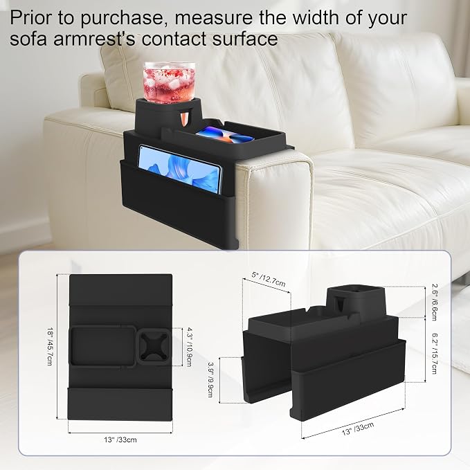 KindGa Couch Cup Holder Tray,Silicone Couch Arm Cup Holder,Couch Arm Organizer for Sofa Drinks/Phone/Remote/Snacks,Couch Armrest Recliner Armchair Caddy - Black