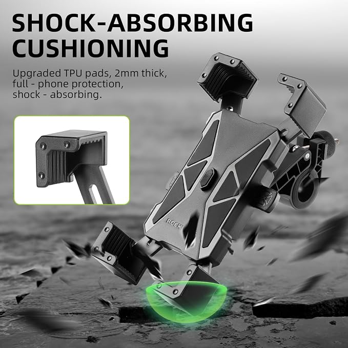 ROCKBROS Bike Phone Holder, Motorcycle Phone Mount, Anti-Shake Cell Phone Holder, 360° Adjustable for iPhone 16, 15 Pro Max/Plus, S9, S10 and More 4.7" to 7" Smartphones，White