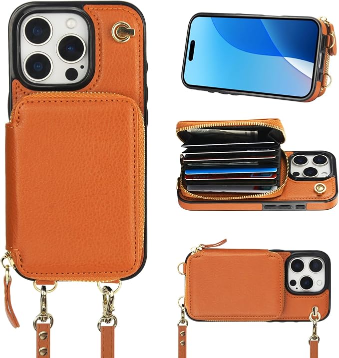 Bocasal Crossbody Wallet Case for iPhone 16 Pro, RFID Blocking Leather Purse Case with Card Holder, Protective Handbag Flip Cover with Zipper Wrist Strap Lanyard for Women 5G 6.3 Inch (Brown)