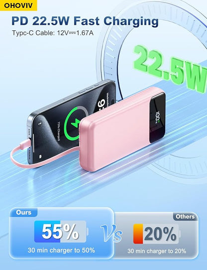Portable Charger Power Bank 50000mAh Battery Pack, 22.5W Fast Charging PowerBank with Built in Cables,Travel Essential USB-C Portable Phone Charger for iPhone Samsung Pixel Android iPad-Pink