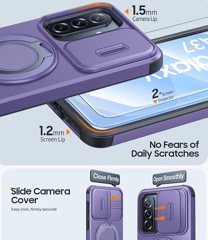 JAME for Samsung Galaxy A37/A36/A56 5G Case, Ring Holder Stand Kickstand, Slide Camera Cover, 2 Screen Protectors, Dual-Layer Shockproof Protective, Magnetic Accessory Friendly Phone Case, Purple