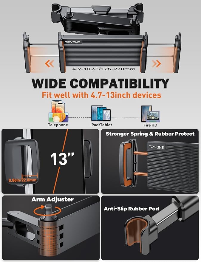 Tryone Car Headrest Tablet Holder Mount Stretchable Backseat Tablets Stand for Kids, Car Seat Mounts Compatible with iPad Pro 12.9 Air Mini, iPhone, Galaxy Tab, Switch, All 4.7-12.9" Screen Devices
