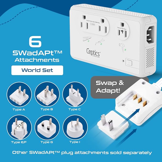 Ceptics 220V to 110V Travel Voltage Converter for Hair Dryer, 2000W & 200W outlets for Dryers, Curling Iron, Straightener, Chargers, Step Down, 4 USB Ports (1x USB-C) with 6 SWadApt attachments