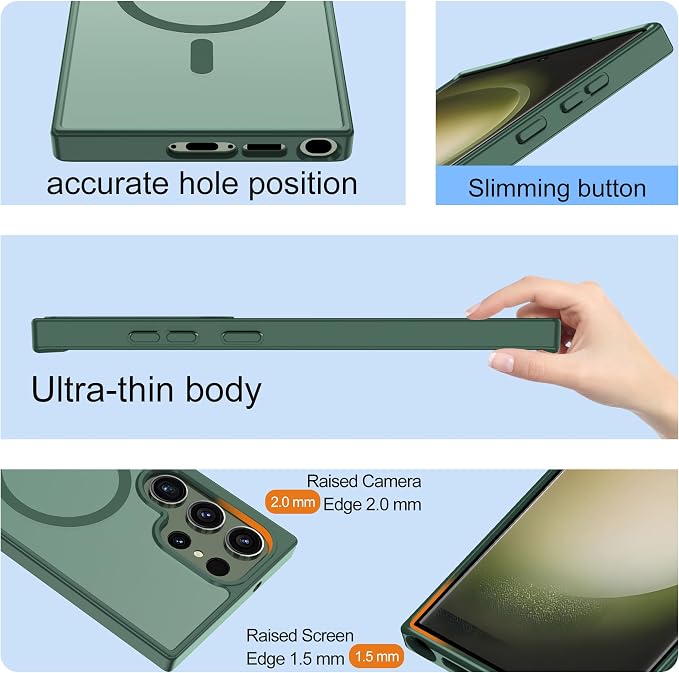 For Samsung Galaxy S23 Ultra Case [Compatible with Magsafe] Translucent Matte Magnetic Phone Case,Slim Thin Duty Shockproof Protection Cover with 2pc Screen Protector Case for S 23 Ultra-Dark green