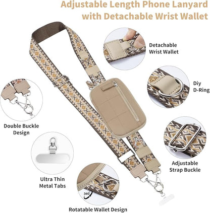 Tiostep Clip and Go Strap for Phone with Wallet Crossbody Phone Lanyard with Anti-Theft Zipper Pouch Detachable Quilted Wrist Wallet with RFID and ID Window for Daily Travel. Khaki