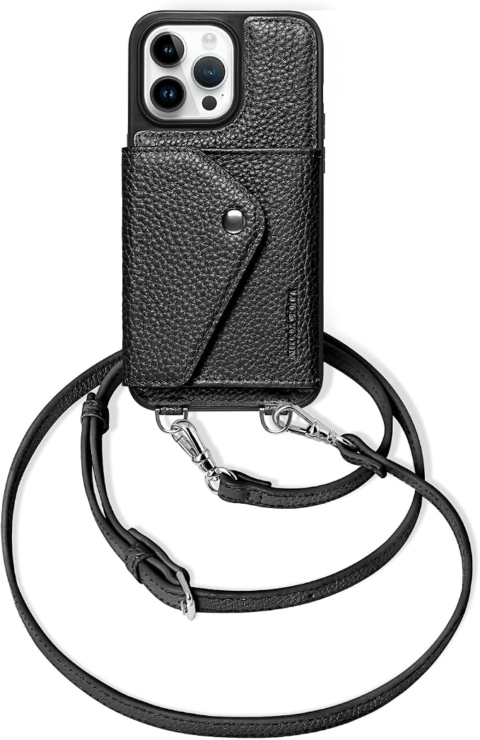 LUCKYCOIN for iPhone 14 Pro Max Crossbody Wallet Case – Genuine Leather Phone Purse with Adjustable Strap and Card Holder,Lanyard Phone Purse Case for Women,Pebble Grain Black
