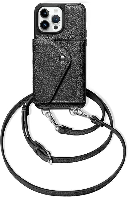 LUCKYCOIN for iPhone 14 Pro Max Crossbody Wallet Case – Genuine Leather Phone Purse with Adjustable Strap and Card Holder,Lanyard Phone Purse Case for Women,Pebble Grain Black
