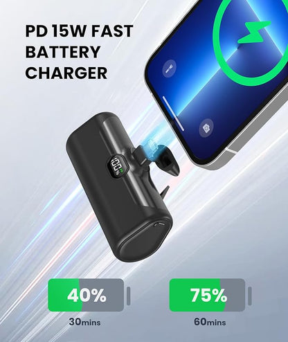 Small Portable Charger for iPhone, 5000mAh Mini Battery Pack with Builtin Metal Stand, MFi Certified Compact Power Bank with LCD Display & LED Light for iPhone 14/13/12/11/XR/X/SE/8/7/6Pro Max-Black