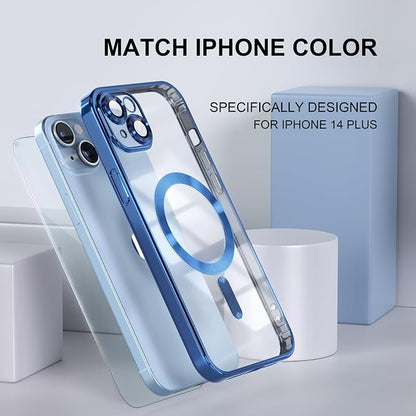 Misea Magnetic for iPhone 14 Plus Case Compatible with MagSafe [Never Yellowing] [Military Grade Drop Protection] Full Camera Lens Protector Plating Soft Clear Phone Case for Women Girls, Blue