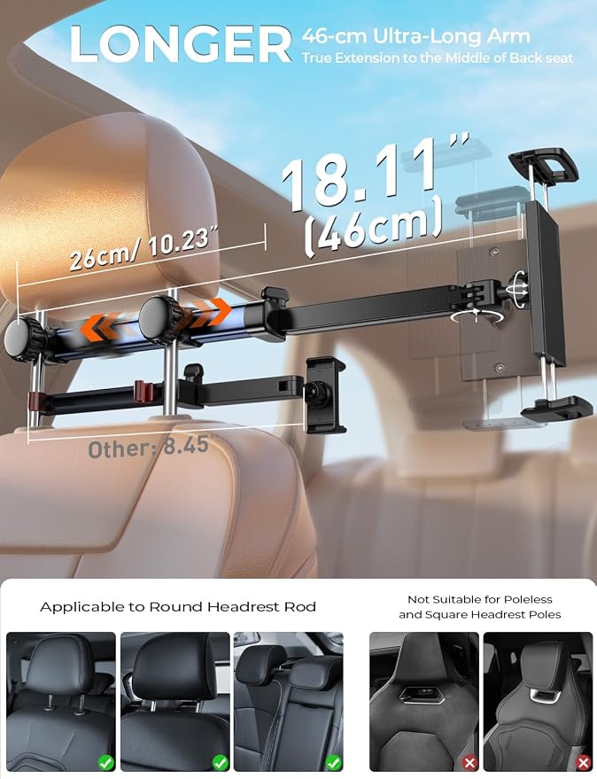 Headrest Tablet Holder for Car Accessories : [18.11-inch Long Arm] 3-in-1 Backseat Tablet Holder for Kids Road Trip Compatible with iPad Switch Smartphones & Tablets or Other 4.7-13" Devices