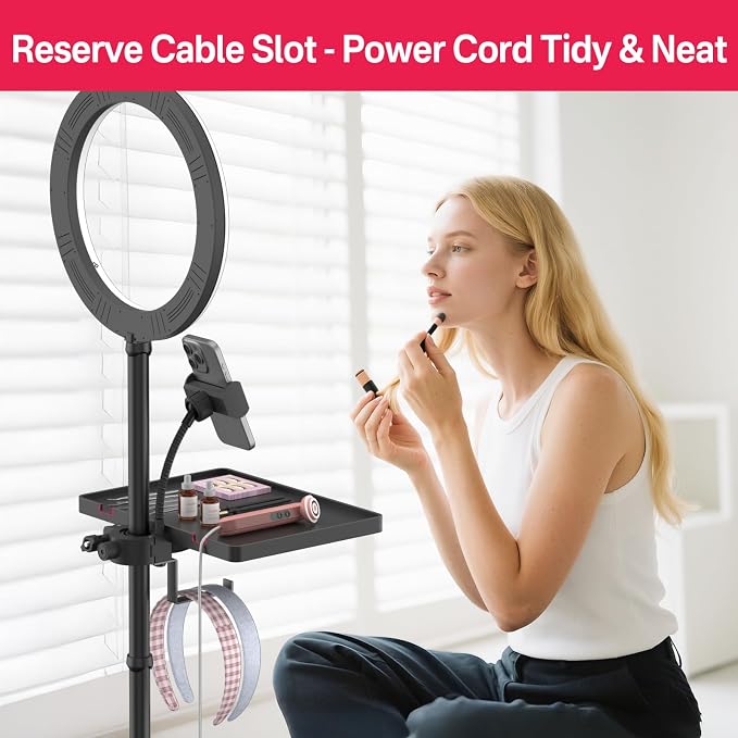Adjustable Lash Tray Holder for Ring Light Tray– Clip-On Organizer Stand with Phone Holder & Mirror Hook to Put Eyelash Extension Supplies, Perfect for Lash Techs & Salon or Home Use
