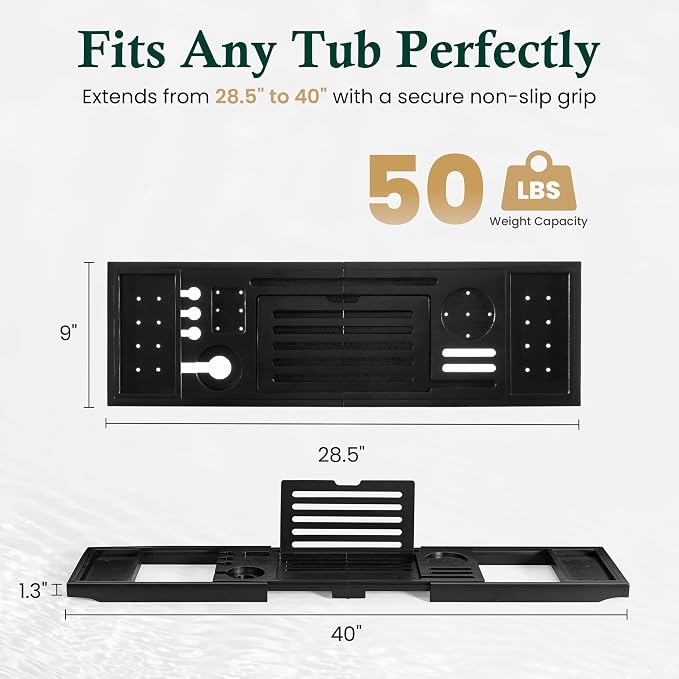 Bamboo Bathtub Tray Caddy - Splash-Proof Adjustable (28.5-40") with Wine Holder, Tablet Stand & Non-Slip Grip | Spa-Grade Organizer for Bath Essentials & Reading- Black