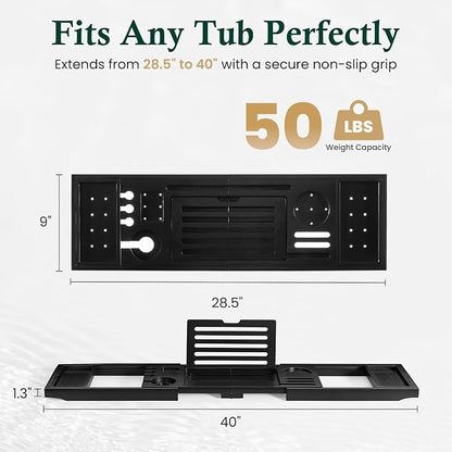 Teak Bathtub Tray | Adjustable Width Tray with Wine Holder, Tablet/Phone & Book Stand, Splash-Proof for Bath Time- Black
