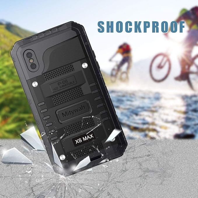 Mitywah Waterproof Case for iPhone Xs MAX, Heavy Duty Military Grade Shockproof Case Built-in Screen Protector, 360° Full Body Protective Armor Metal Phone Case for iPhone Xs MAX, Black