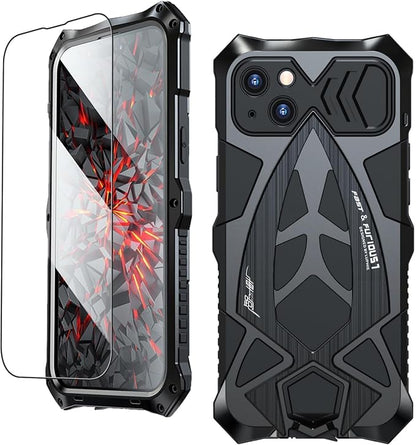 Armor Phone Case for iPhone 15 Military Grade Drop Tested 360 Full Protection Cover Heavy Duty Hybrid Metal Bumper Built-in Silicone Shockproof Dustproof with Screen Protector - Black