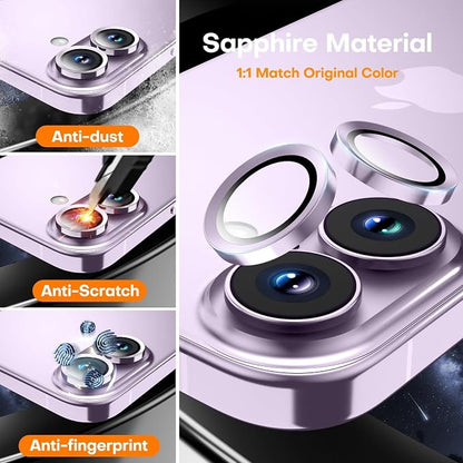 Camera Lens Protector for iPhone 17/iPhone 16/iPhone 16 Plus, Sapphire Glass Metal Individual Camera Cover Screen, Anti-drop, Case Friendly- Lavender