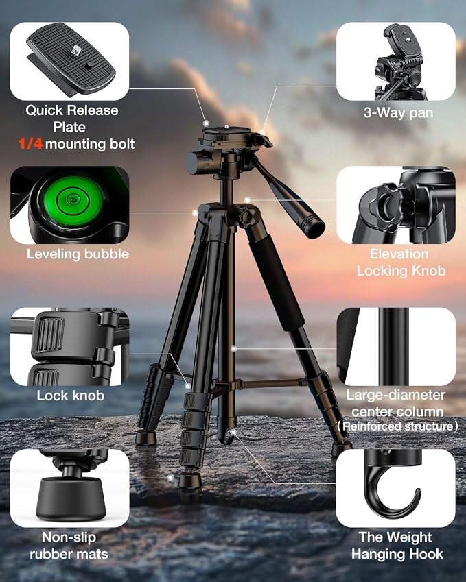 73" Camera Tripod Stand, Aluminum Tripod with Phone Holder, Travel Bag, Compatible with GoPro/DSLR/Cell Phone/Camcorder, Max Load 8.8LB (Black)