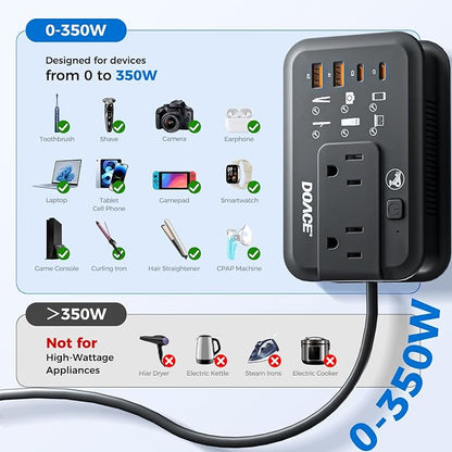 DOACE 350W Travel Voltage Converter 220V to 110V, Step Down Converter with Wrap-Around Extension Cord, 4 USB Ports, Universal Plug Adapters for CPAP, Phone, Shaver, Toothbrush (Black)